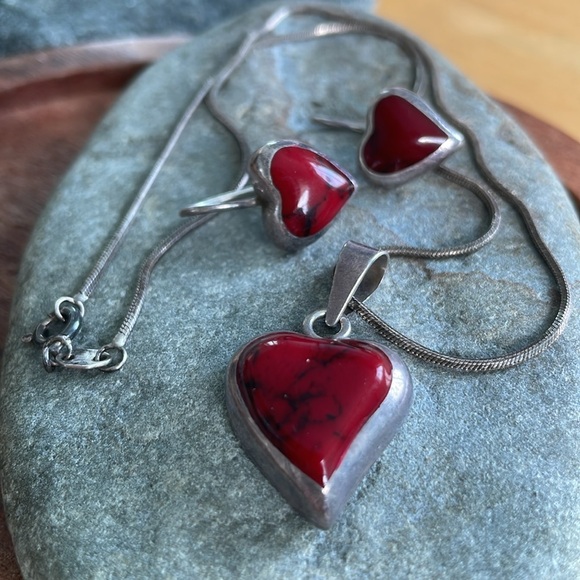 Red Heart Jasper Sterling Earrings and Necklace Mexico - Picture 2 of 12